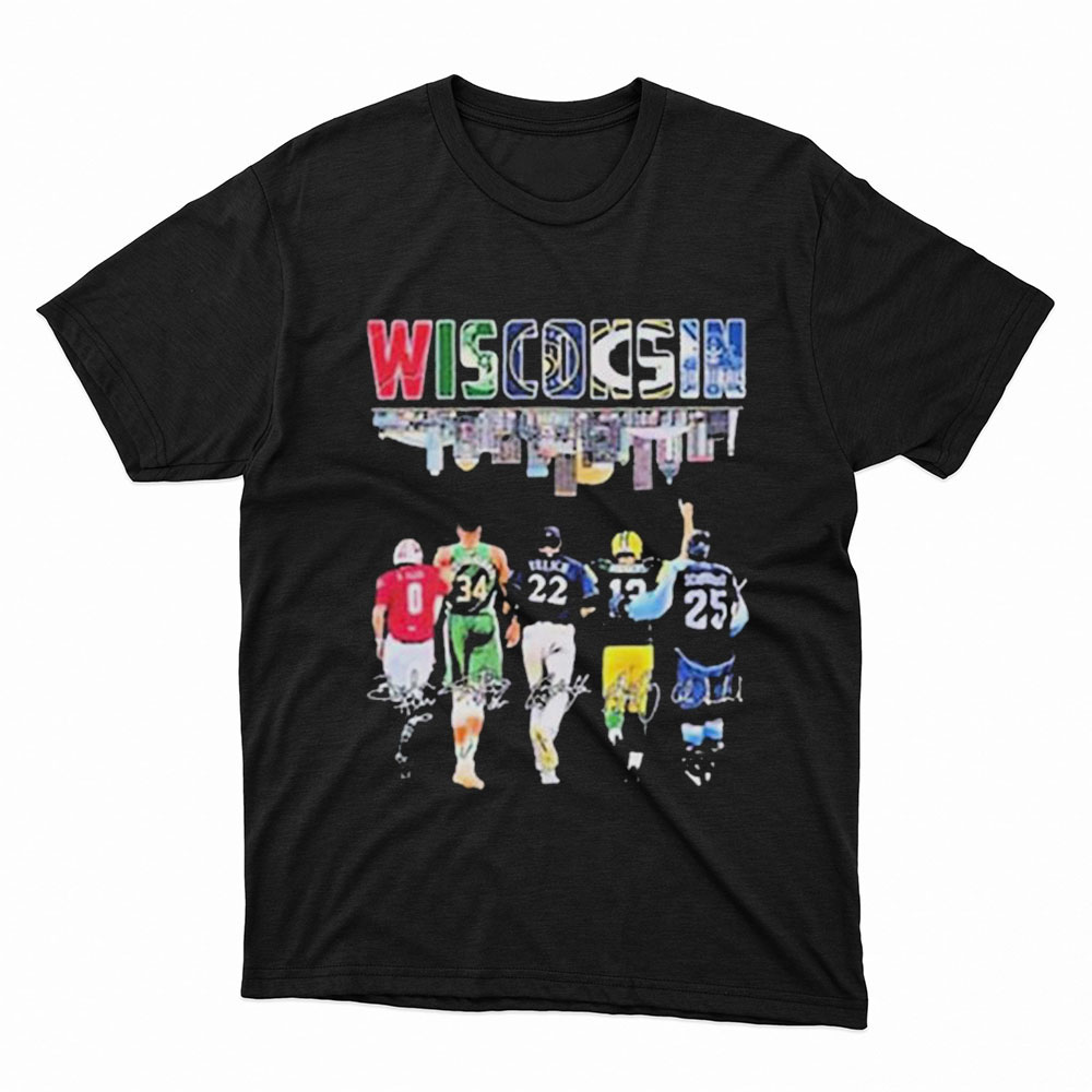 Wisconsin Team Allen Yelich Rodgers And Antetokounmpo Signatures Shirt, Ladies Tee